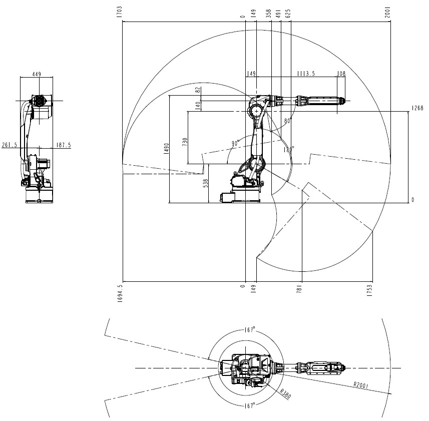 6kg Payload 2001mm Handling Robot QJR6-3 Motion Range Drawing