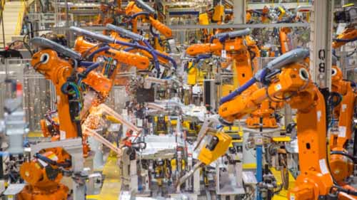 Robots on a factory floor