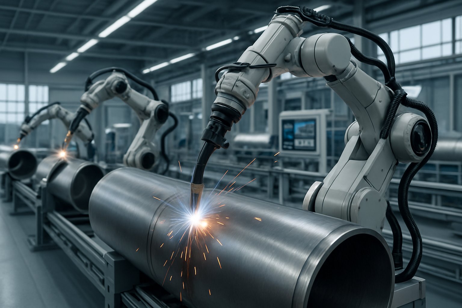 Robot hàn hàn chính xác các ống kim loại lớn trong môi trường nhà máy công nghiệp sạch sẽ.