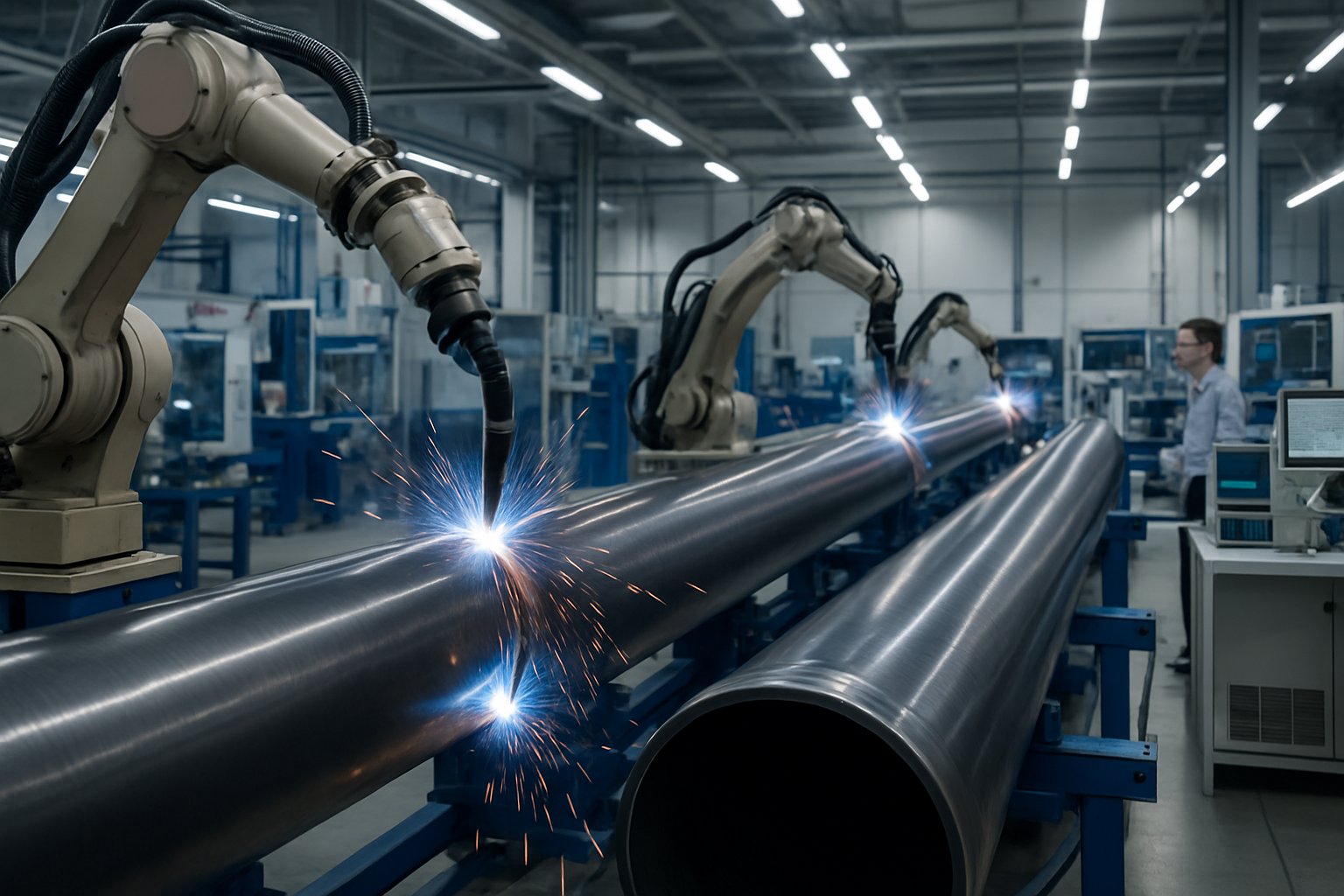 Một nhà máy công nghiệp với các rô-bốt hàn chế tạo chính xác các ống hyperloop thẳng trong khi các kỹ sư theo dõi quá trình.