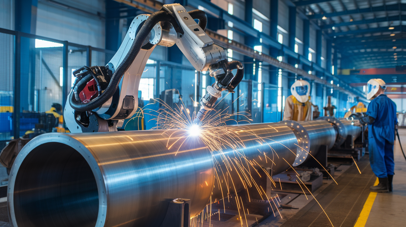 Create a realistic image of a modern industrial welding facility with a sleek spool welding robot in the foreground, its robotic arm precisely welding a large metal cylinder. The background shows a well-organized production line with workers in protective gear overseeing operations. Bright sparks fly from the welding point, illuminating the scene with a warm glow against the cool, metallic environment.