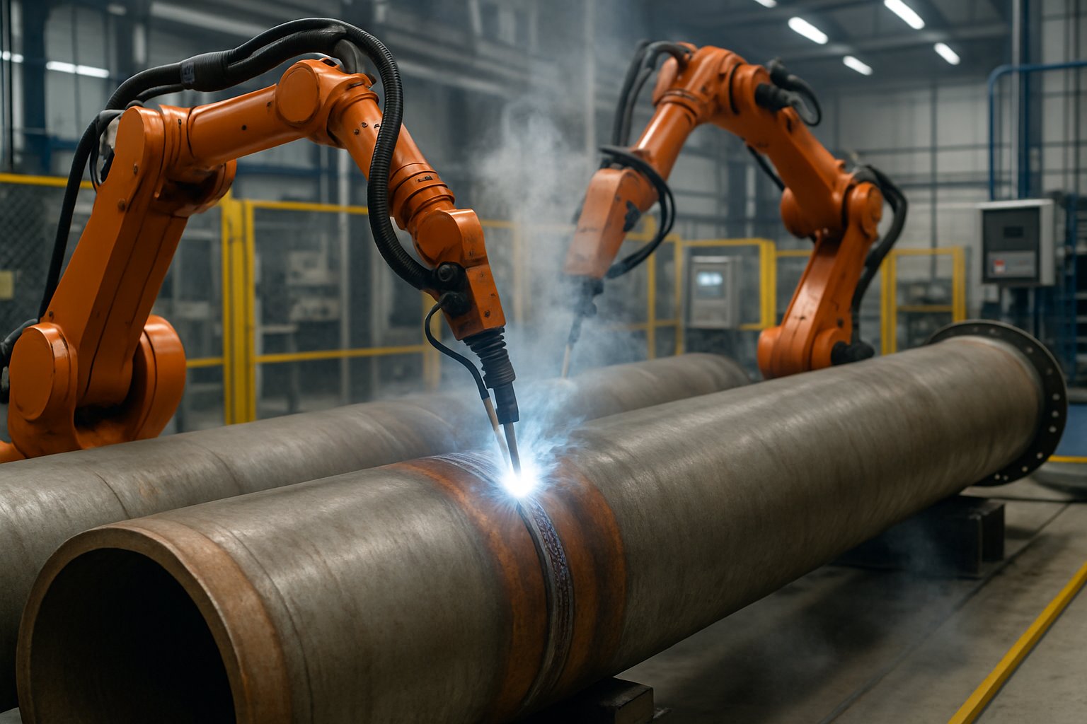 Cảnh công nghiệp cho thấy cánh tay robot đang hàn các ống địa nhiệt lớn trong môi trường nhiệt độ cao bằng hơi nước và thiết bị an toàn.