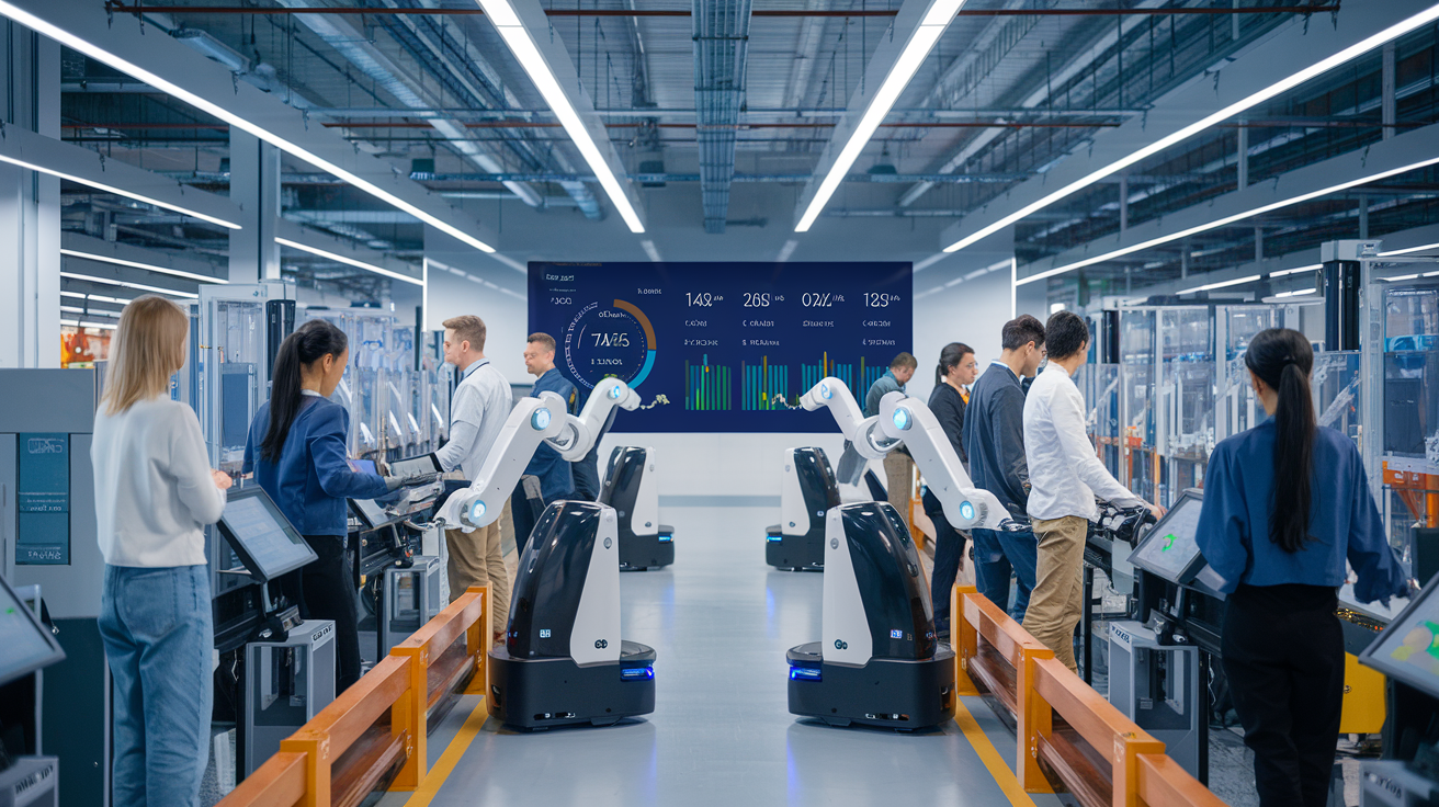 Create a realistic image of a modern factory floor with advanced robotic material handling systems replacing traditional forklifts, showing collaborative robots moving inventory alongside a diverse workforce of both male and female workers (including white, black, and Asian individuals) monitoring digital control panels, with futuristic dashboard displays showing productivity metrics and cost savings in the background, all bathed in bright, clean industrial lighting that highlights the technological sophistication of the operation.