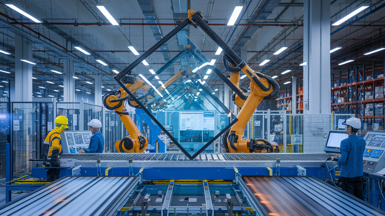 Create a realistic image of a modern warehouse interior with robotic arms carefully handling large glass panels, conveyor belts moving efficiently, and workers in safety gear monitoring control panels, emphasizing the seamless integration of technology and human oversight in a well-lit, clean industrial setting.