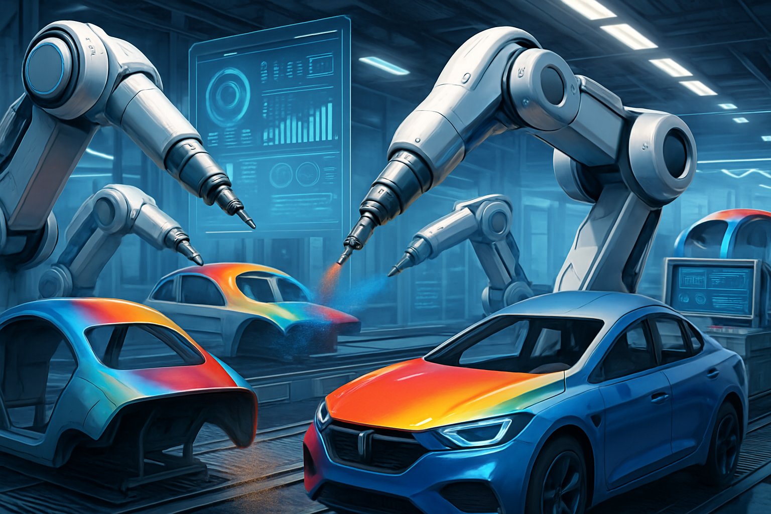 Một nhà máy tương lai với cánh tay robot tự động sơn các bề mặt nhiều màu sắc trong môi trường công nghiệp công nghệ cao.
