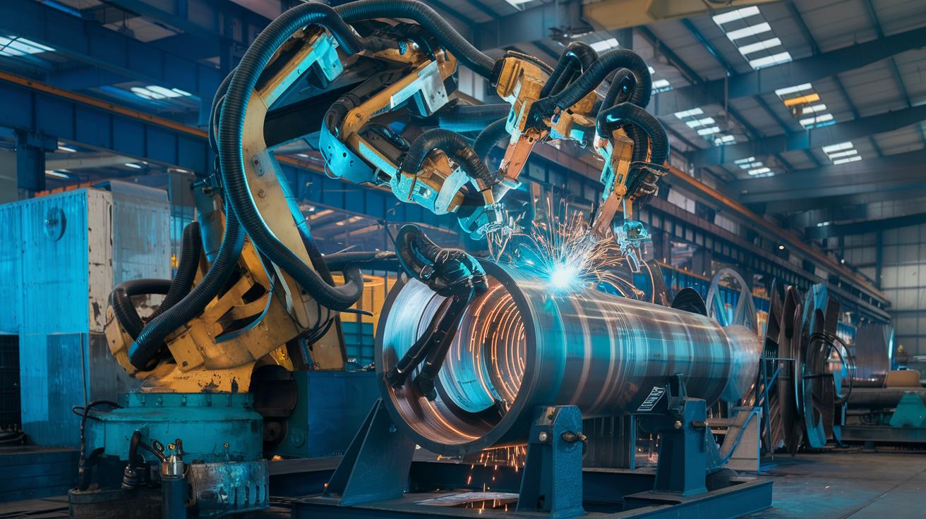 Create a realistic image of a large industrial spool welding robot with multiple articulated arms working on a complex cylindrical metal structure, surrounded by sparks and a blue-tinted welding glow, showcasing its versatility in a spacious, well-lit manufacturing facility with various welding projects visible in the background.