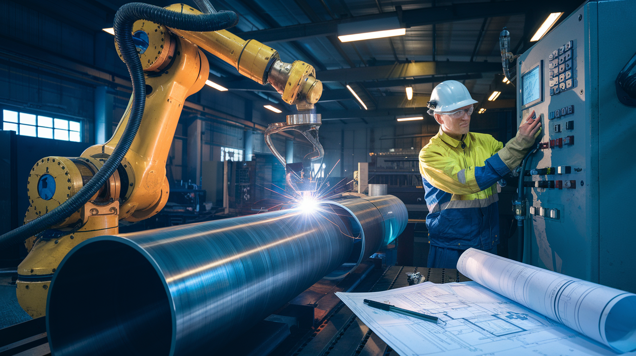 Create a realistic image of a dimly lit industrial welding facility with a spool welding robot in the foreground, its robotic arm paused mid-weld on a large metal pipe. In the background, a white male engineer in safety gear is examining a complex control panel with a concerned expression, symbolizing the technical challenges. Scattered blueprints and technical diagrams are visible on a nearby workbench, emphasizing the complexity of implementation.