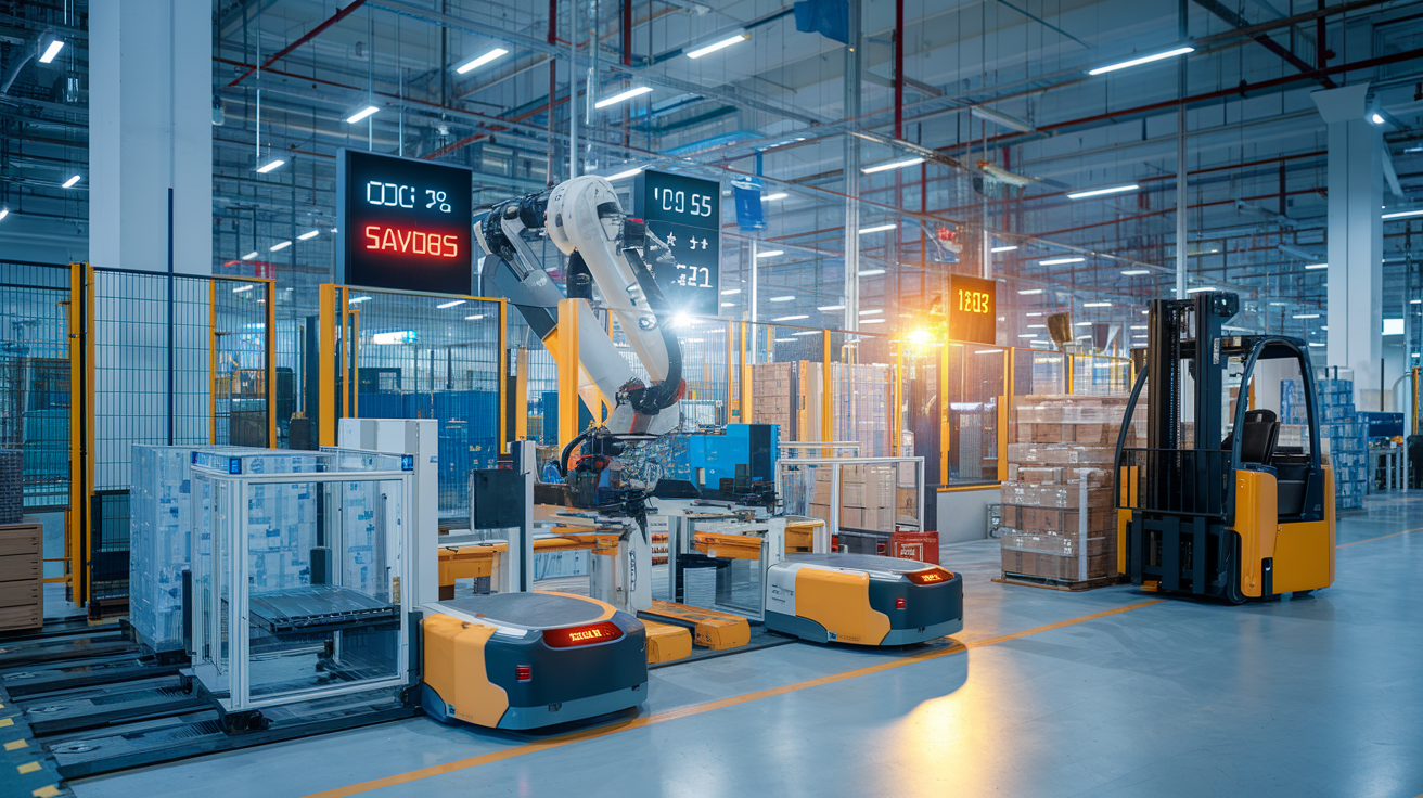Create a realistic image of a modern factory floor with robotic material handling systems including automated guided vehicles (AGVs) and robotic arms transporting inventory, contrasted with a small section showing traditional forklift operation, with digital displays showing cost savings metrics, in bright industrial lighting that highlights the efficiency and cleanliness of the automated section.