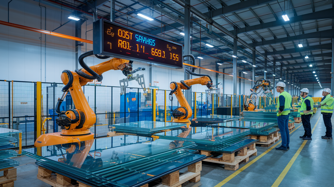 Create a realistic image of a modern warehouse interior with robotic arms handling glass sheets, a digital display showing cost savings and ROI figures, stacks of neatly arranged glass panels, and workers in safety gear observing the automated process, all under bright industrial lighting.