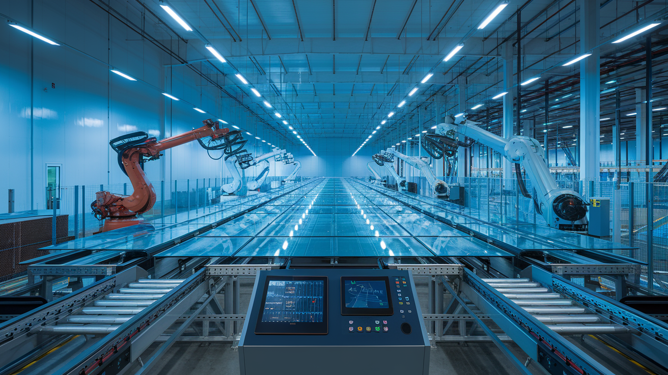 Create a realistic image of a sleek, modern warehouse interior with rows of glass sheets being delicately handled by advanced robotic arms, conveyor belts moving efficiently, and a control panel with digital displays showing real-time logistics data, all bathed in cool, blue lighting to emphasize the high-tech nature of the glass logistics revolution.