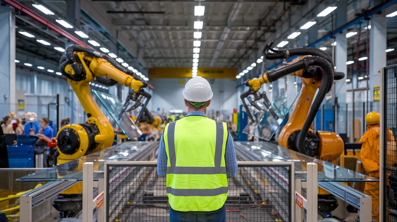 Create a realistic image of a factory floor with robotic arms handling glass sheets while a white male safety inspector in a hard hat and high-visibility vest observes from a safe distance, protective barriers visible, bright overhead lighting, safety signage on walls, and workers in the background wearing personal protective equipment.