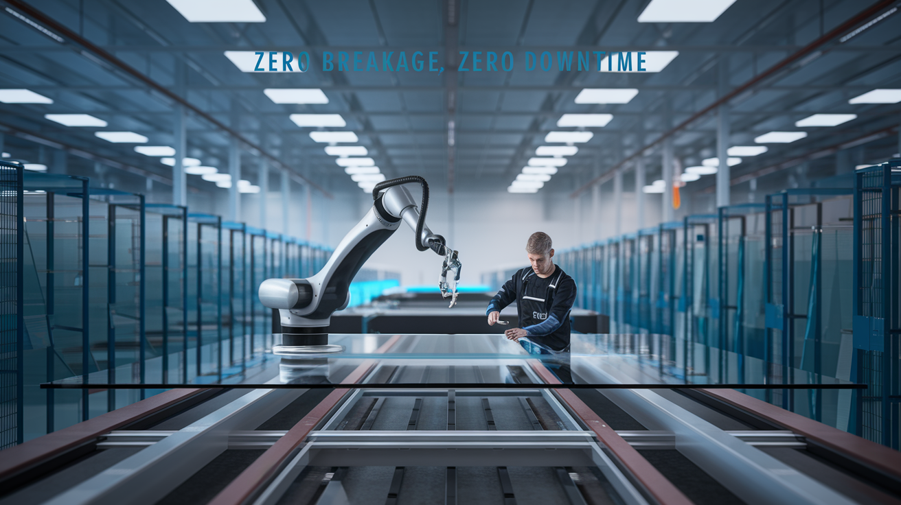 Create a realistic image of a modern warehouse interior with robotic arms delicately handling large glass panels, showcasing precision and care. In the foreground, a sleek collaborative robot works alongside a human operator wearing safety gear. The background shows neat rows of stored glass sheets. Soft, even lighting illuminates the scene. Include the text "Zero Breakage, Zero Downtime" in a futuristic font at the top of the image.