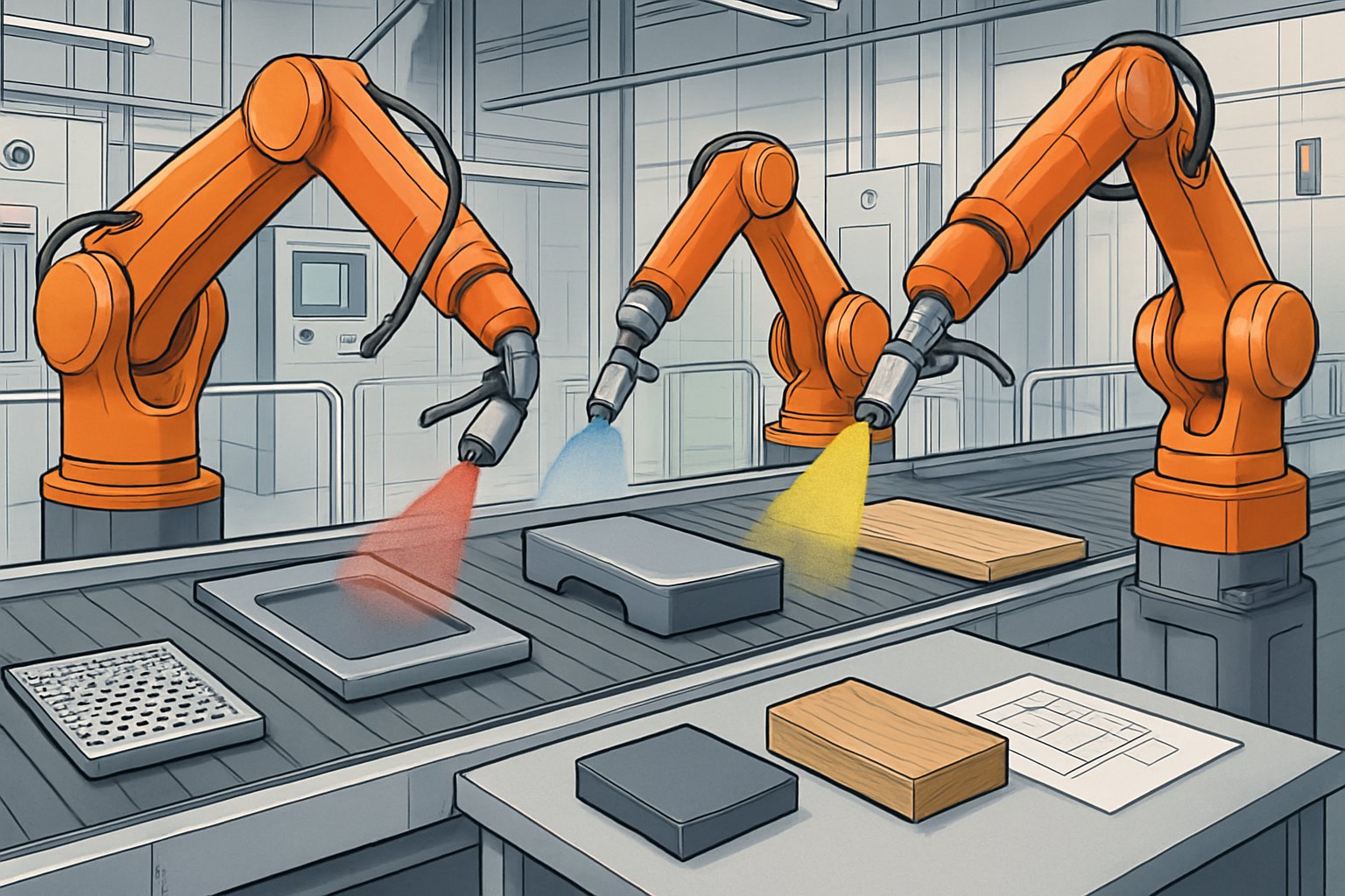 Cảnh một nhà máy công nghiệp với cánh tay robot tự động sơn các vật liệu khác nhau trên băng chuyền.