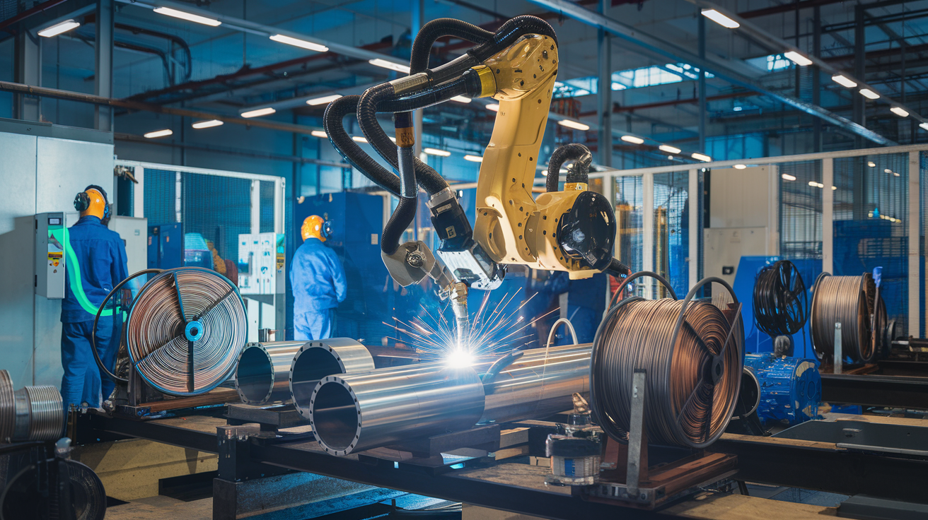 Create a realistic image of a modern industrial welding facility with a spool welding robot in the foreground, efficiently welding metal pipes with precision and speed, surrounded by neatly organized spools of welding wire, with human workers in protective gear monitoring control panels in the background, bright overhead lighting illuminating the scene, conveying a sense of increased productivity and automation in welding operations.