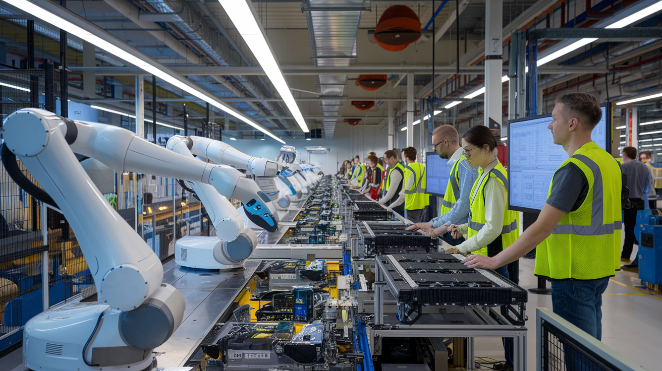 Create a realistic image of a modern factory floor with sleek assembly line robots efficiently assembling electronic devices, while a diverse group of engineers monitor data on large screens, emphasizing both technological advancement and human oversight in a well-lit, clean industrial setting.