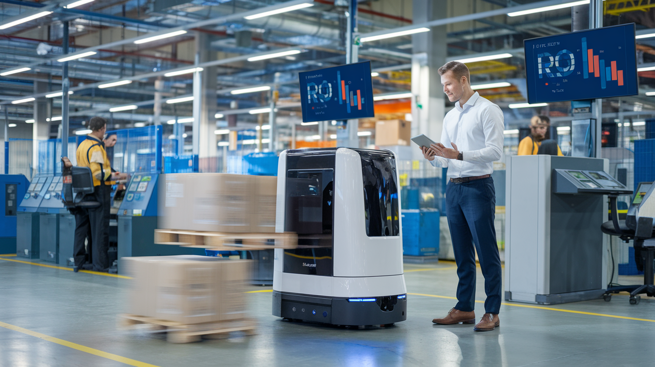 Create a realistic image of a factory floor manager (white male) reviewing ROI data on a tablet while standing next to an autonomous robotic forklift moving packages, with workers monitoring control stations in the background, digital ROI charts displayed on wall screens, and bright industrial lighting highlighting the modern automation system that's replacing traditional forklifts.