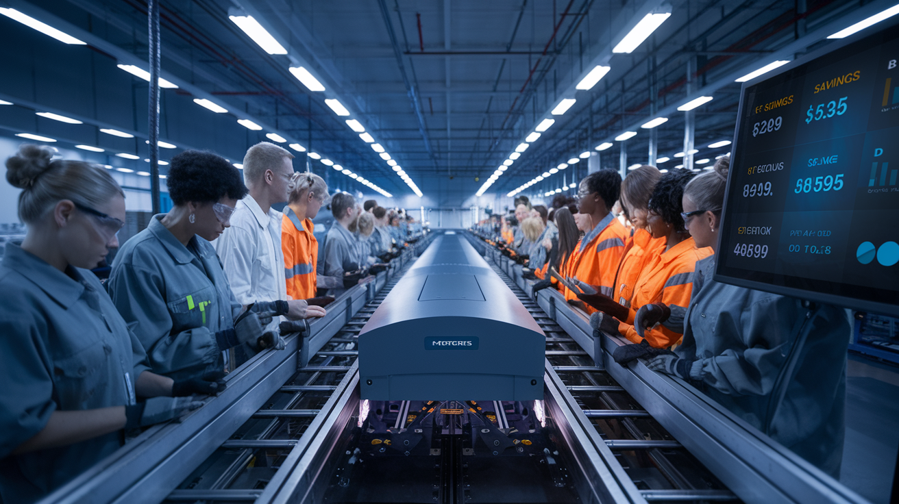 Create a realistic image of a modern, clean factory floor with a sleek robotic material handling system working alongside a diverse team of factory workers (including Black and white males and females in safety gear), with a digital dashboard showing cost savings statistics, dimly lit with focused lighting on the automation technology, conveying efficiency and technological advancement.