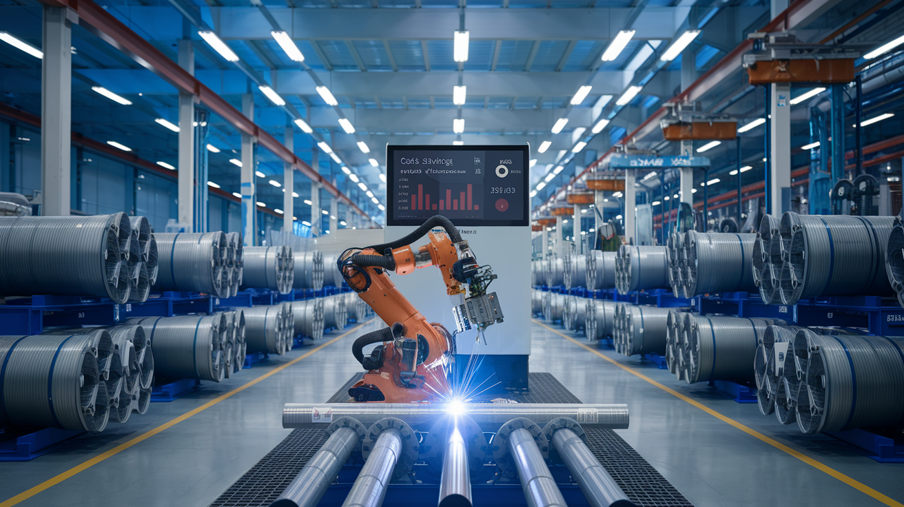 Create a realistic image of a modern industrial factory interior with a spool welding robot in the foreground, efficiently welding metal pipes, surrounded by stacks of neatly arranged spools and pipes, with a digital display showing cost savings and productivity metrics, illuminated by bright overhead lights, creating a clean and high-tech atmosphere.