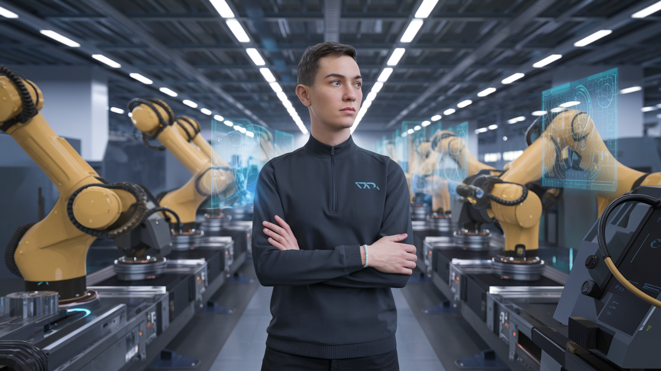 Tạo hình ảnh chân thực về một kỹ sư robot có tầm nhìn xa với các đặc điểm trung tính, ngoài ba mươi, mặc đồ công nghệ hiện đại, đứng trong một nhà máy tiên tiến được bao quanh bởi những cánh tay robot tương lai và máy phay được kết nối kỹ thuật số. Họ có vẻ tự tin nhưng chu đáo, quan sát cách những cải tiến công nghệ này tác động đến các quy trình công nghiệp với các hình ảnh ba chiều giao diện ảo được chiếu ở phía sau cho thấy các mô phỏng phức tạp. Không thêm bất kỳ thành phần văn bản nào.