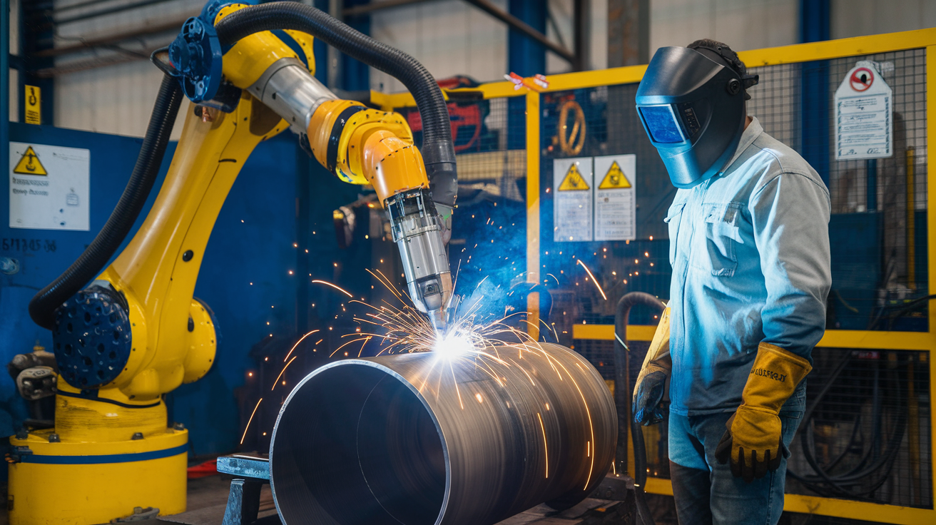 Create a realistic image of a welding robot arm operating in a factory setting, with a white male welder standing nearby wearing full protective gear including a welding helmet, gloves, and flame-resistant clothing. The robot should be performing a spool welding task on a large metal pipe, with sparks flying. In the background, safety signs and equipment are visible, emphasizing the enhanced safety measures in place.