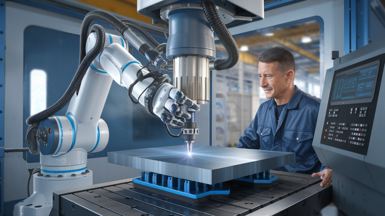 Tạo hình ảnh chân thực về hoạt động của cánh tay rô-bốt trong một cơ sở xay xát công nghiệp, nơi một thợ máy có tay nghề cao với các đặc điểm trung tính đang theo dõi bảng điều khiển kỹ thuật số. Trọng tâm là máy móc được trang bị các cảm biến tiên tiến đang quét một tấm titan. Người thợ máy có vẻ ngoài hài lòng pha lẫn tò mò, thể hiện sự gắn kết của họ với độ chính xác gia công công nghệ cao. Ánh sáng công nghiệp rực rỡ làm nổi bật độ chính xác và tính hiện đại của máy móc rô-bốt. Không thêm bất kỳ thành phần văn bản nào.