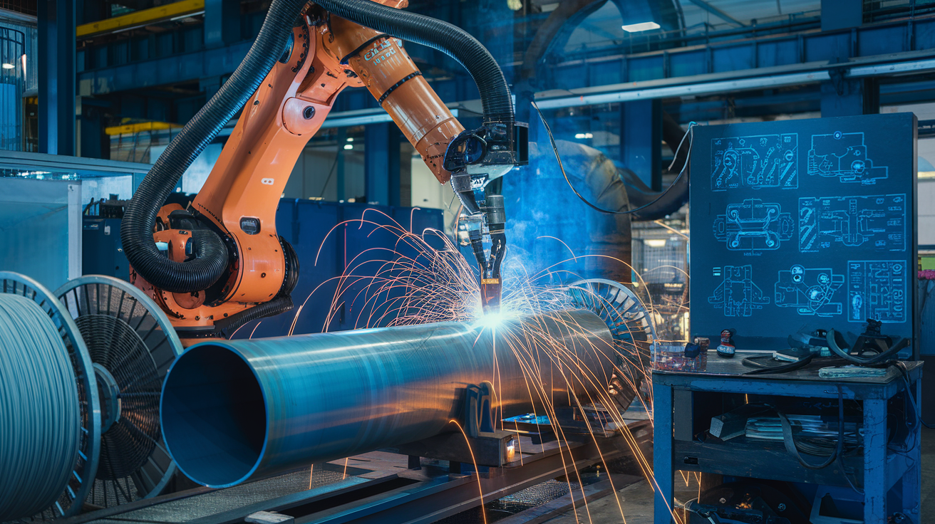 Create a realistic image of a modern industrial setting with a large orange robotic arm performing spool welding on a metal pipe, surrounded by sparks and a blue glow from the welding process, with various spools of welding wire visible in the foreground, and technical diagrams or blueprints on a nearby workbench to illustrate the concept of understanding spool welding robots.