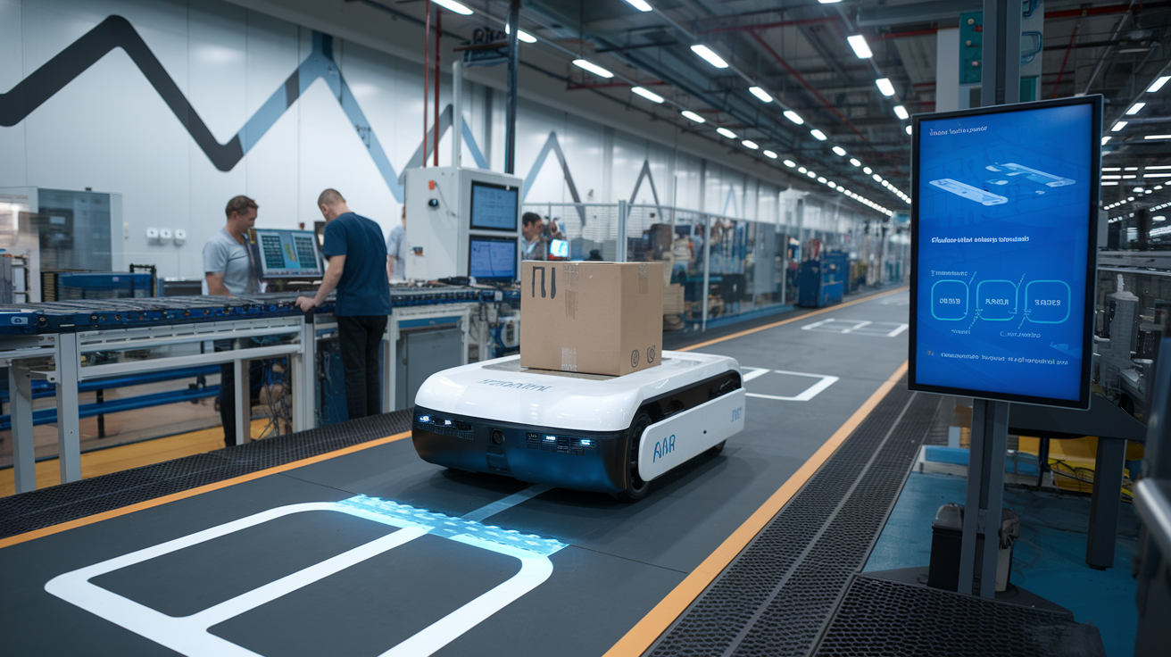 Tạo ra hình ảnh chân thực về một robot di động tự động (AMR) di chuyển qua một cơ sở sản xuất hiện đại, với công nhân theo dõi hoạt động của robot từ các trạm điều khiển, băng chuyền và thiết bị sản xuất ở phía sau, robot vận chuyển vật liệu giữa các trạm làm việc, màn hình kỹ thuật số hiển thị tích hợp quy trình làm việc, đèn công nghiệp sáng chiếu sáng toàn cảnh và đường đi của AMR được đánh dấu trên sàn với các cảm biến có thể nhìn thấy dọc theo tuyến đường.
