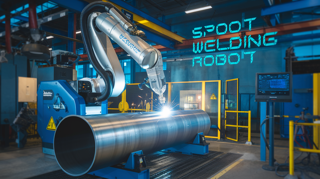 Create a realistic image of a modern industrial setting with a large spool welding robot in the foreground, its robotic arm precisely welding a large metal pipe. The robot should be sleek and silver, with visible control panels and a prominent manufacturer logo. In the background, show a partial view of other welding stations and machinery. Include safety barriers and warning signs near the robot. The lighting should be bright and focused on the welding area, creating a contrast with the dimmer surroundings. Add a digital display on the robot showing real-time welding data. Include the text "Spool Welding Robotics" in a futuristic font hovering above the scene.