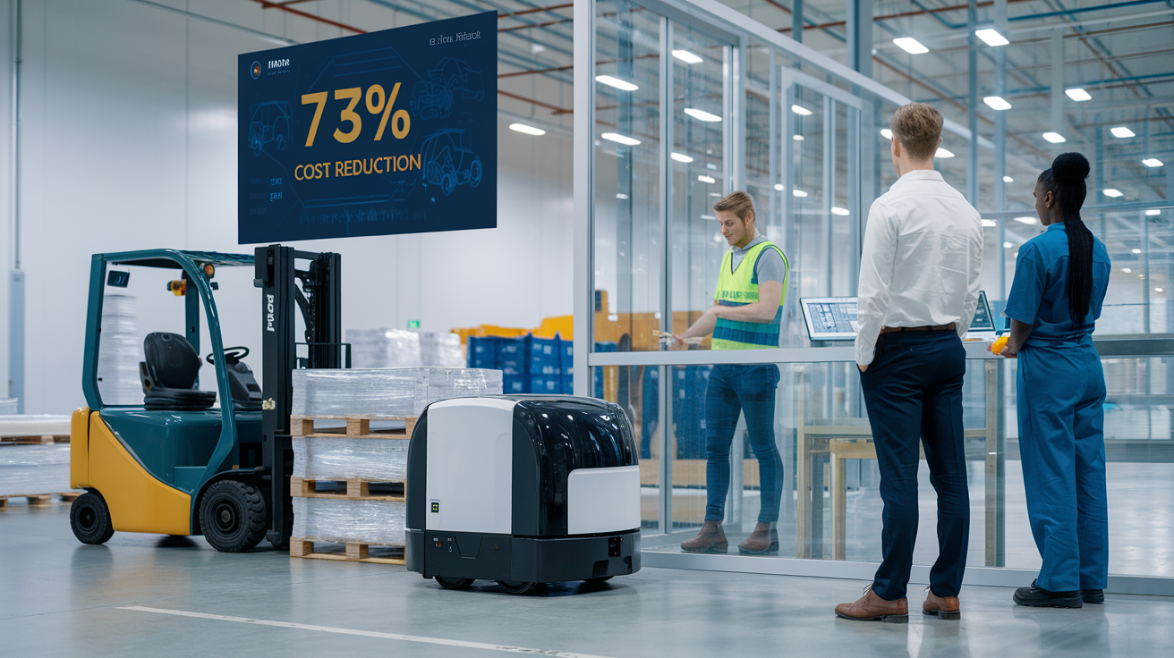 Create a realistic image of a modern warehouse interior where an autonomous robotic material handler (AMR) is efficiently transporting pallets alongside a parked traditional forklift, with a digital dashboard showing "73% COST REDUCTION" visible on the wall, and a diverse team of factory workers (one white male supervisor in business casual attire and one black female technician in uniform) monitoring the operation from a glass-enclosed control station, all under bright, industrial lighting that highlights the clean, organized facility.
