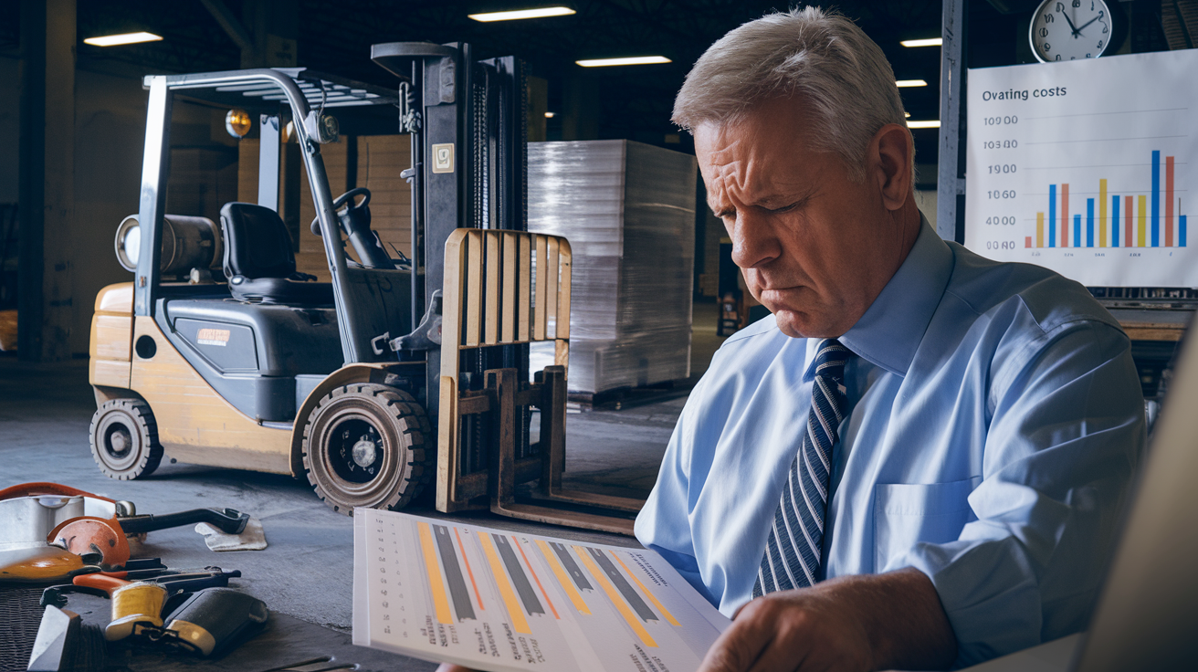 Create a realistic image of a warehouse manager, middle-aged white male with a concerned expression, reviewing financial reports with highlighted operating costs while a traditional forklift sits idle in the background of a dimly lit warehouse, with maintenance tools scattered nearby, a clock showing overtime hours, and a chart displaying rising maintenance expenses.