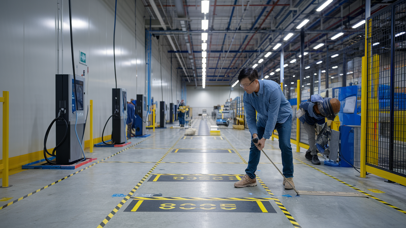Tạo hình ảnh chân thực về sàn nhà máy sản xuất đang được chuẩn bị để tích hợp AMR, cho thấy một kỹ sư châu Á đang đo và đánh dấu đường đi trên sàn bê tông, với băng an toàn màu vàng phân định khu vực di chuyển của robot, các trạm sạc được lắp đặt dọc theo tường và công nhân đang loại bỏ chướng ngại vật để tạo đường đi thông thoáng, tất cả đều dưới ánh sáng công nghiệp rực rỡ làm nổi bật quá trình chuẩn bị có tổ chức.