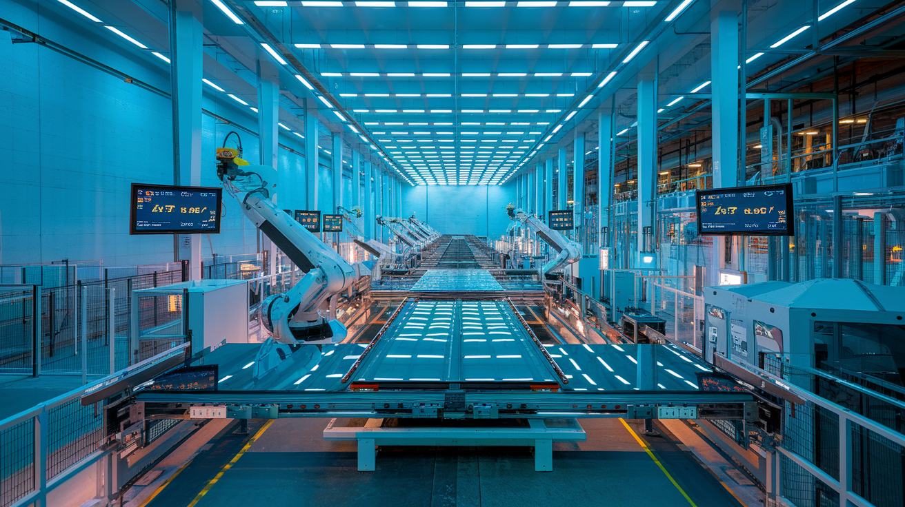 Create a realistic image of a state-of-the-art automated glass manufacturing facility with robotic arms handling large glass panes, conveyor belts in constant motion, and digital displays showing 24/7 operational stats, all bathed in cool blue LED lighting to emphasize the high-tech, continuous nature of the process.