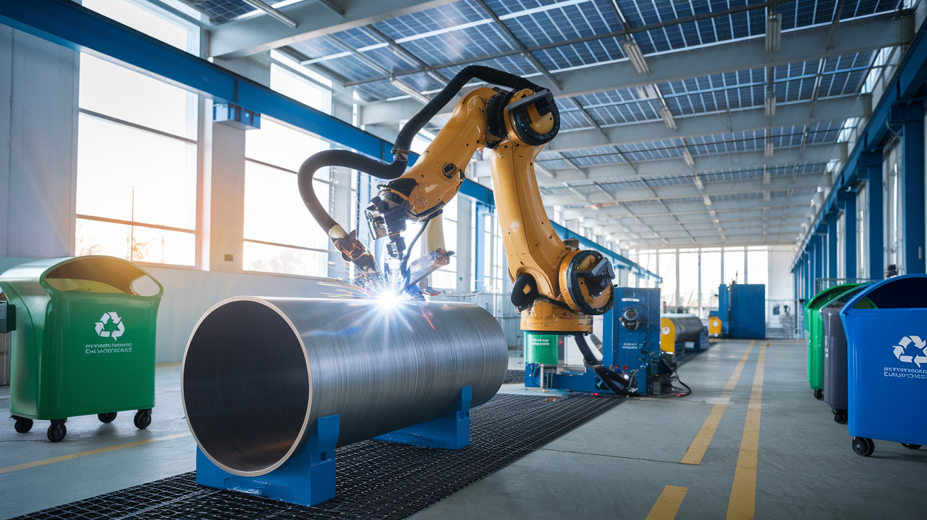 Create a realistic image of a modern industrial facility with a spool welding robot in the foreground, emitting minimal smoke and debris while welding a large metal pipe. The background shows solar panels on the roof and recycling bins nearby, emphasizing eco-friendly practices. Soft natural light filters through windows, illuminating the clean, organized workspace.