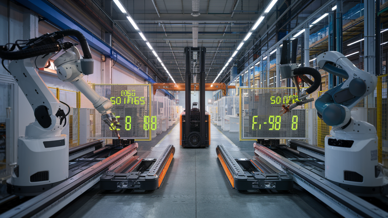 Create a realistic image of a modern factory floor showing advanced robotic arms and automated guided vehicles (AGVs) efficiently moving materials, with a traditional forklift visible in the background for contrast, featuring digital displays showing cost savings statistics, illuminated by bright industrial lighting, conveying a high-tech, productive atmosphere.